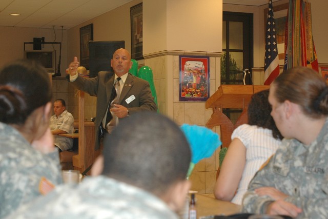 Killeen city council member and former 1st Cavalry Division trooper Juan Rivera speaks to Soldiers of the First Team during the division's Hispanic Heritage Month Celebration Oct. 2 in the Ironhorse Dining Facility at Fort Hood, Texas. Rivera, who gr...