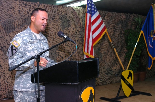 Camuy, Puerto Rico, native Chap. (Capt.) Leonardo Rivera, the chaplain for 615th "Cold Steel" Aviation Support Battalion, 1st Air Cavalry Brigade, 1st Cavalry Division, speaks during the Hispanic Heritage Month ceremony at Camp Taji, Iraq, Oct. 6. Ri...