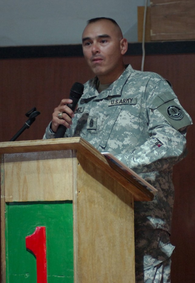 Los Angeles native Command Sgt. Maj. Victor Martinez, the senior noncommissioned officer for the 2nd Stryker Cavalry Regiment, gives a speech as the guest speaker for the Hispanic Heritage Month celebration in the 1st Cavalry Division Morale,...