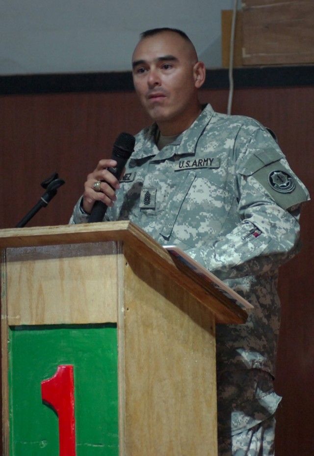 Los Angeles native Command Sgt. Maj. Victor Martinez, the senior noncommissioned officer for the 2nd Stryker Cavalry Regiment, gives a speech as the guest speaker for the Hispanic Heritage Month celebration in the 1st Cavalry Division Morale, Welfare...