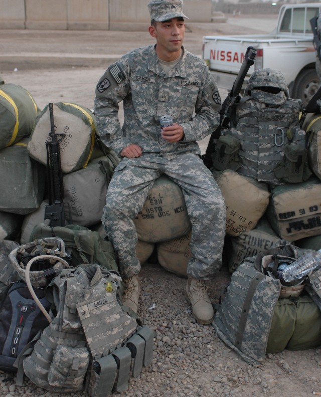 Sgt. Justin Garza, 15th Brigade Troops Battalion, 15th SB, waits for his final flight out of Camp Taji 13 Oct.  The Harker Heights, Texas native spent 15 months deployed with the 'Wagonmasters'; three months longer than the brigade anticipated.  Garz...