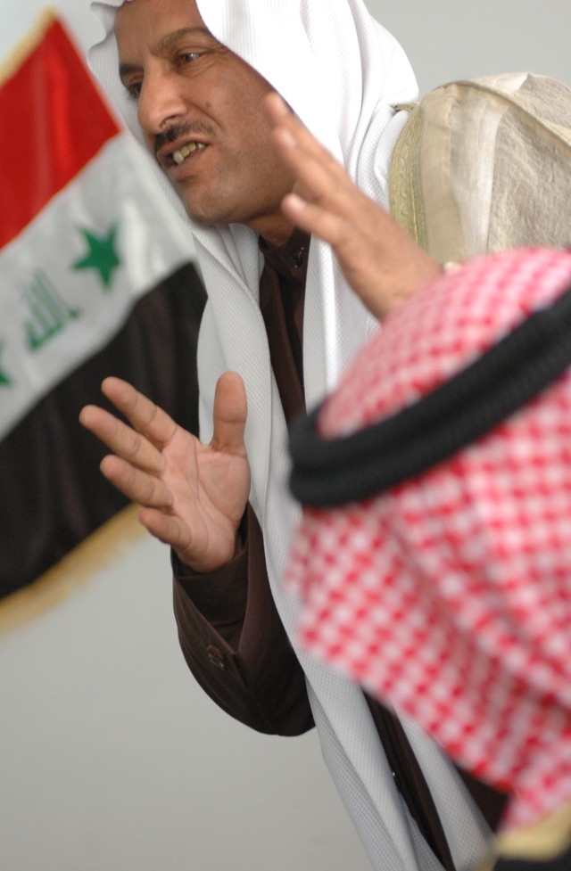 During an Oct. 24 reconciliation meeting between the Tamimi and Jibouri tribes in Diyala province, Iraq, Sheik Khalid al-Hamdani, an observer for the meeting, speaks about the importance of focusing on the future rather than the past as the...