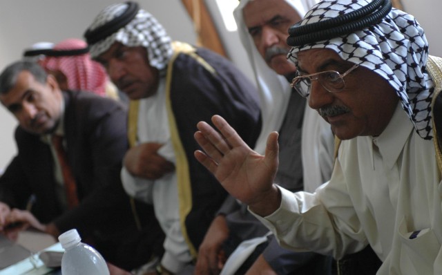 Sheik Mazen al-Tamimi, a prominent sheik for the Tamimi tribe and head of the tribal reconciliation movement across Diyala province, discusses the importance of reconciliation during a meeting between the Tamimi and Jibouri tribes at the Diyala...