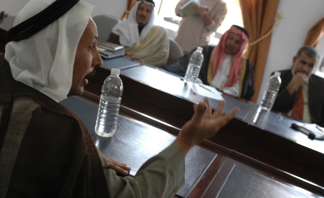 During an Oct. 24 reconciliation meeting between the Tamimi and Jibouri tribes in Diyala province, Iraq, Sheik Salah al-Jibouri, a key tribal leader for the Jibouri tribe, speaks about the need "to stand together as men and stop supporting...