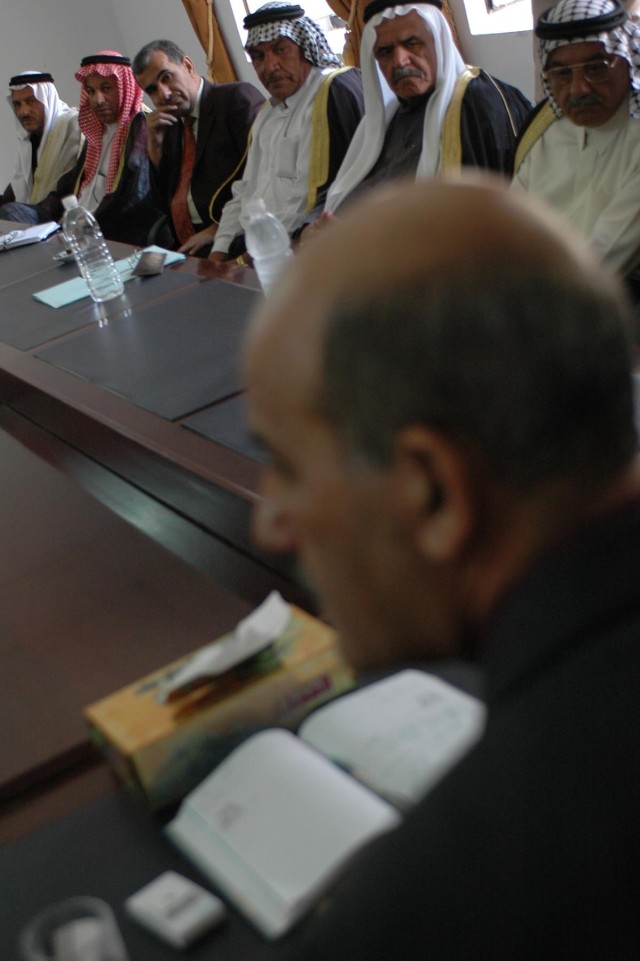 The Governor of Diyala, Ra'ad Hameed al-Mula Jowad al-Tamimi, speaks to key tribal leaders from the Tamimi and Jibouri tribes about the importance of reconciliation during a meeting at the Diyala Government Center Oct. 24. Tamimi and Jibouri are...