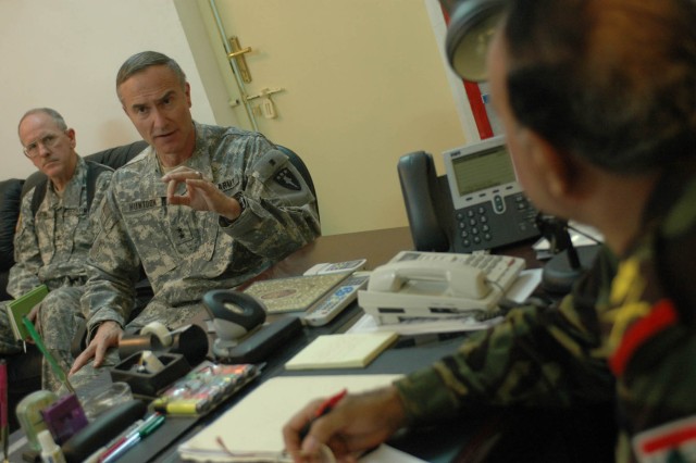 Maj. Gen. David H. Huntoon Jr., commandant of the U.S. Army War College in Carlisle, Penn., speaks with Staff Maj. Gen. Abdul Kareem, commander of Iraqi Security Forces in Diyala province, Iraq, while receiving an update on the Diyala Operations...