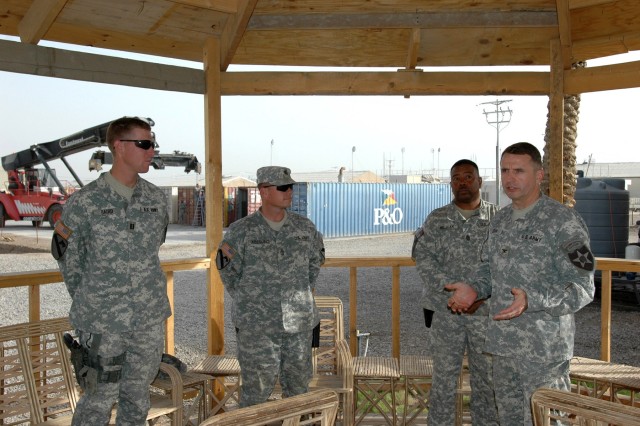 During an appreciation ceremony, Dover, Pa., native Col. Jon Lehr, commander, 4th Stryker Brigade Combat Team, 2nd Infantry Division addresses assembled officers, noncommissioned officers and Soldiers from the 1st Battalion, 82nd Field Artillery...