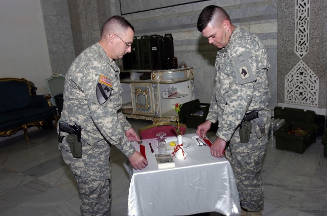 Richmond, Ky., native and co-host of the St. Barbara induction ceremony, Col. Billy Jack West, commander of the 138th Field Artillery Brigade and Command Sgt. Maj. Terry Wayne Cowan, the senior noncommissioned officer for the 138th FA,...
