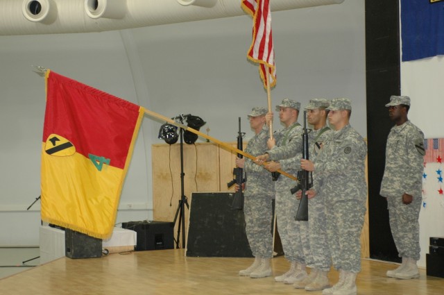 The 4th Brigade Combat Team, 1st Cavalry Division's colors are displayed by the color guard moments before being cased for transport back to the U.S., following a 14-month tour in northern Iraq's Ninevah Province.  During the event the 4th "Long Knif...