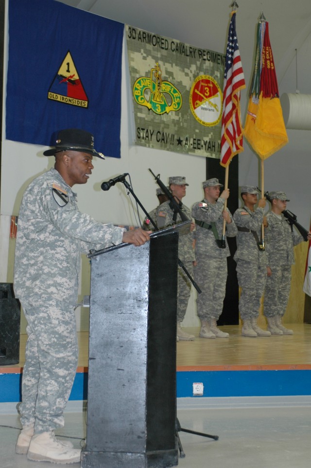 Colonel Stephen Twitty, commander of the 4th Brigade Combat Team, 1st Cavalry Division gives his remarks during the brigade's transfer of authority ceremony at Forward Operating Base Marez, Iraq Dec. 11.  During the event the 4th "Long Knife"...