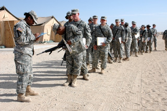 Louisville, Miss., native Capt. Adallia Tyler (far left), the deputy S-1 for the 1st Air Cavalry Brigade, 1st Cavalry Division, checks in Soldiers from 1st "Attack" Battalion, 227th Aviation Regiment, 1st ACB, 1st Cav. Div. during a manifest call at ...