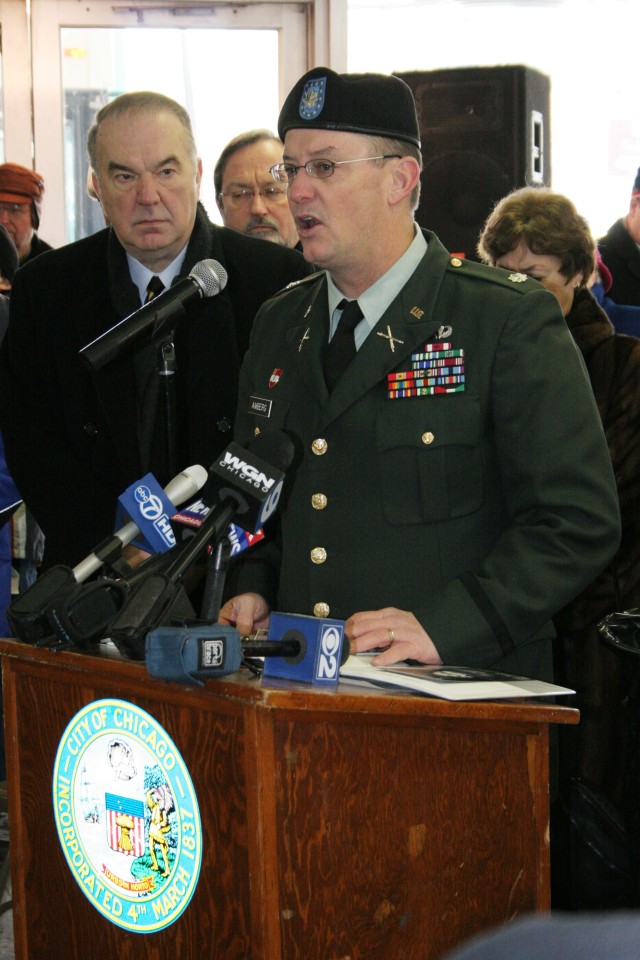 U.S. Army Lt. Col. John Amberg speaks at Cold War Memorial Dedication Ceremony in Chicago