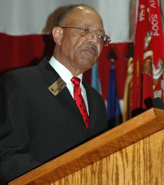 Timothy L. Hancock, mayor of the City of Killeen, speaks about black history and the accomplishments of African-Americans in the community at a Feb. 22 Black History Month observance organized by the 49th Transportation Battalion.  The event had spec...