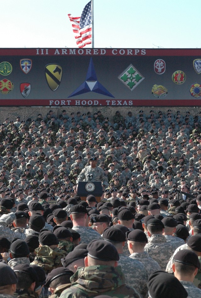 Brig. Gen. (P) Vincent Brooks, the commanding general of the 1st Cavalry Division, talks to his Soldiers prior to Vice President Richard Cheney's speech at a rally on the division's parade field on Fort Hood, Texas, Feb. 26. Approximately 9,000...
