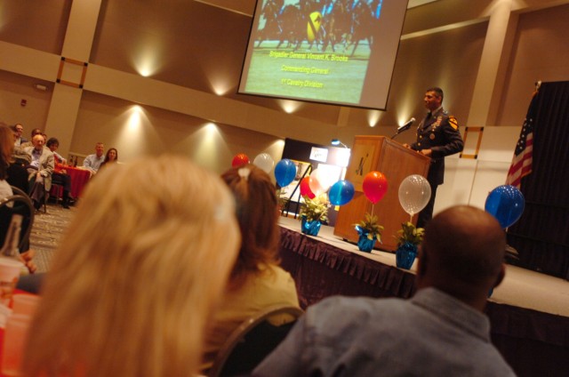 Soon-to-be-promoted Brig. Gen. Vincent K. Brooks of Alexandria, Va., commanding general of the 1st Cavalry Division, speaks to members of the Association of the United States Army's Central Texas - Ford Hood Chapter on the First Team's recent...