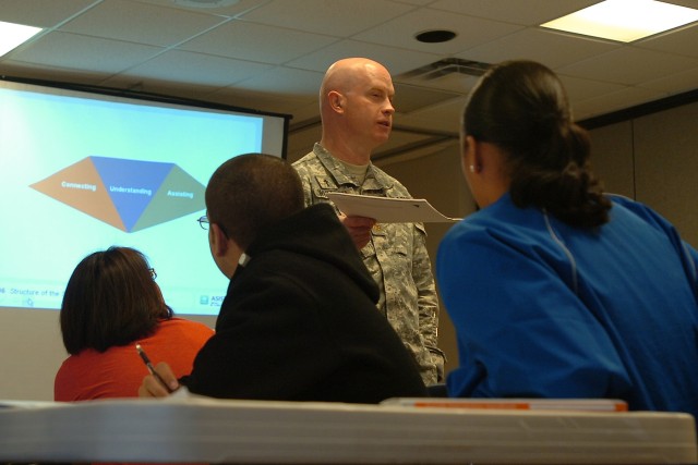 Maj. Stan Whitten, the chaplain for the 15th Sustainment Brigade, 13th Sustainment Command (Expeditionary), explains to Soldiers the Connecting, Understanding, and Assisting model of suicide intervention Mar. 12 as a part of the two-day Applied...