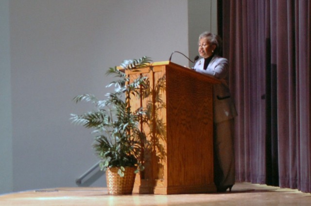 The honorable Dr. Claudia L. Brown speaks to an audience during a Women's History Month celebration held at Fort Hood's Houze Theater March 13. The Killeen, Texas resident substitute teaches and serves as Killeen City Council Member for the Fourth Di...