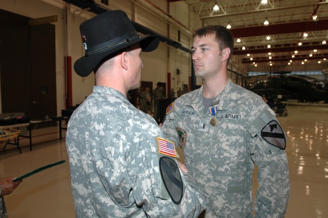Las Vegas, native Lt. Col. Christopher Walach, commander of the 1st "Attack" Battalion, 227th Aviation Regiment, 1st Air Cavalry Brigade, 1st Cavalry Division, shakes the hand of Freeport, Pa., native Chief Warrant Officer 2 Brent Gruber, an...