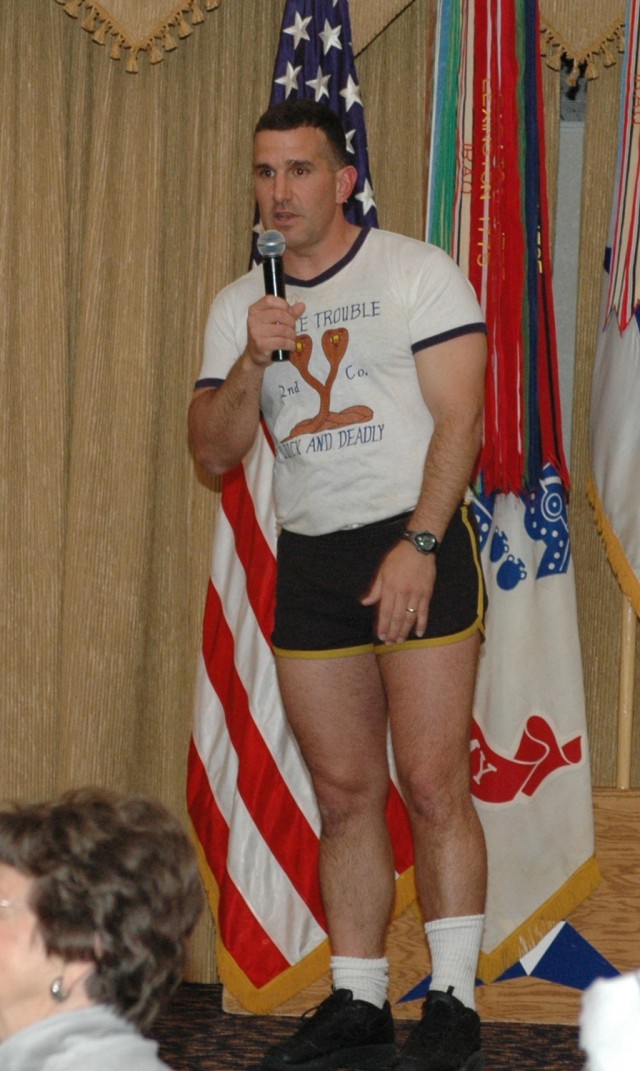 Lt. Col. Carmine Cicalese, the information operations officer of the 1st Cavalry Division, entertains U.S. Military Academy at West Point graduates and candidates during a founder's day celebration at the Fort Hood Catering and Conference Center...