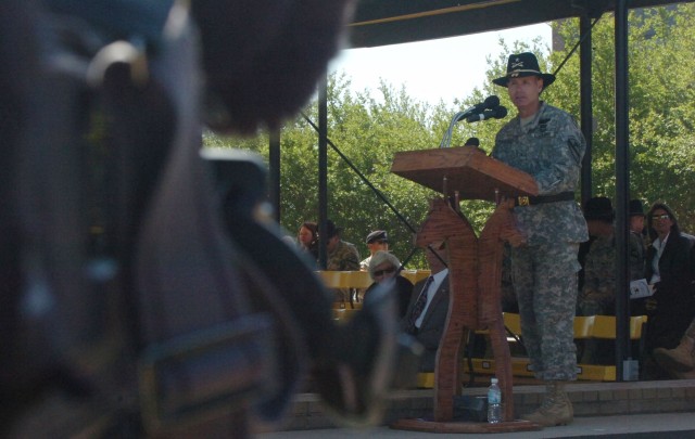 The incoming deputy commanding general for support Brig. Gen. Frederick S. Rudesheim speaks to Soldiers, family members, and the central-Texas community during a patch ceremony welcoming him to the 1st Cavalry Division and held on Cooper Field...