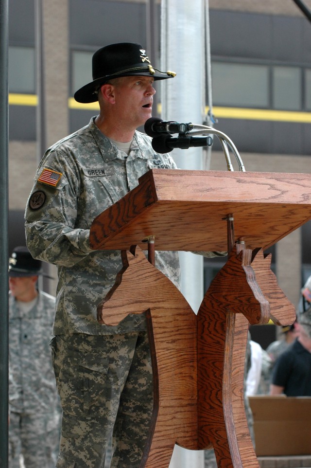 Add Text HereIncoming 1st "Ironhorse" Brigade Combat Team, 1st Cavalry Division Commander Col. Tobin L. Green, a native of Sioux Falls, S.D., addresses incoming and outgoing commanders, as well as the troops of the Ironhorse Brigade during an...