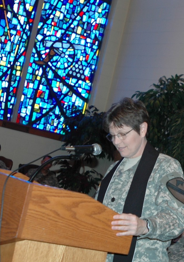 Springfield, Mo. native Chaplain (Lt. Col.) Barbara Sherer, incoming 1st Cavalry Division chaplain, speaks during a changing of the stole ceremony at the1st Cavalry Division's memorial chapel May 20. During her speech, Sherer extended her...