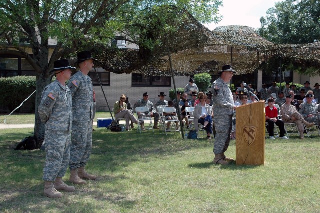 The 1st Cavalry Division band's outgoing commander Chief Warrant Officer 4 Glen Nardin speaks about his experience leading the heavily-armored unit's band as the Division Special Troops Battalion commander Lt. Col. Matthew G. Karres and the band's...