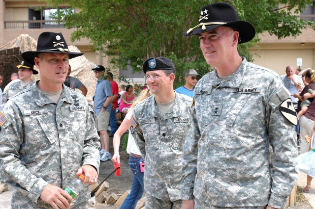Edmond, Okla., native, Lt. Col. Dean Keck (left), commander of the 615th Aviation Support "Cold Steel" Battalion, 1st Air Cavalry Brigade, 1st Cavalry Division, along with Boulder, Colo., native Lt. Col. David George (center), commander of the 404th ...