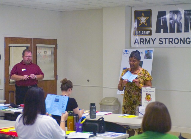 Beverly Haywood (right), Army Family Action Program specialist, and Mark G. Bauman, ACS Mobilization and deployment liaison for the National Guard and Reserve teach the level 1 AFTB (Army Family Team Building) class to a group of Soldiers and Spouses...
