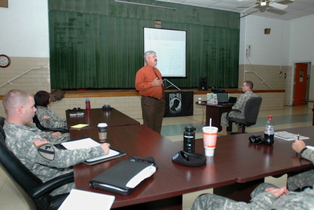 William J. Leary III, the deputy chief of the Forces Command Aviation Division, talks to Soldiers and leaders from the 1st Cavalry Division, during a class on personnel recovery hosted by the 1st Air Cavalry "Warrior" Brigade, July 9. Leary stressed ...