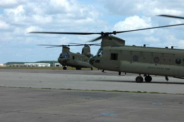 A new CH-47F Chinook helicopter from Company B, 2nd Battalion, 227th Aviation Regiment,1st Air Cavalry "Warrior" Brigade, 1st Cavalry Division, taxis before lifting off on a training mission at Fort Hood Army Airfield, Fort Hood, Texas, July 10....