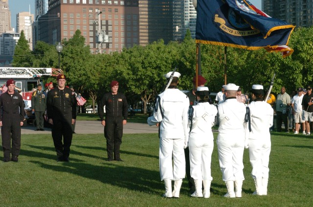 Navy Color Guard and paratroopers participate in the Kup\&#039;s Purple Heart Cruise opening ceremonies at Navy Pier in Chicago, Ill.