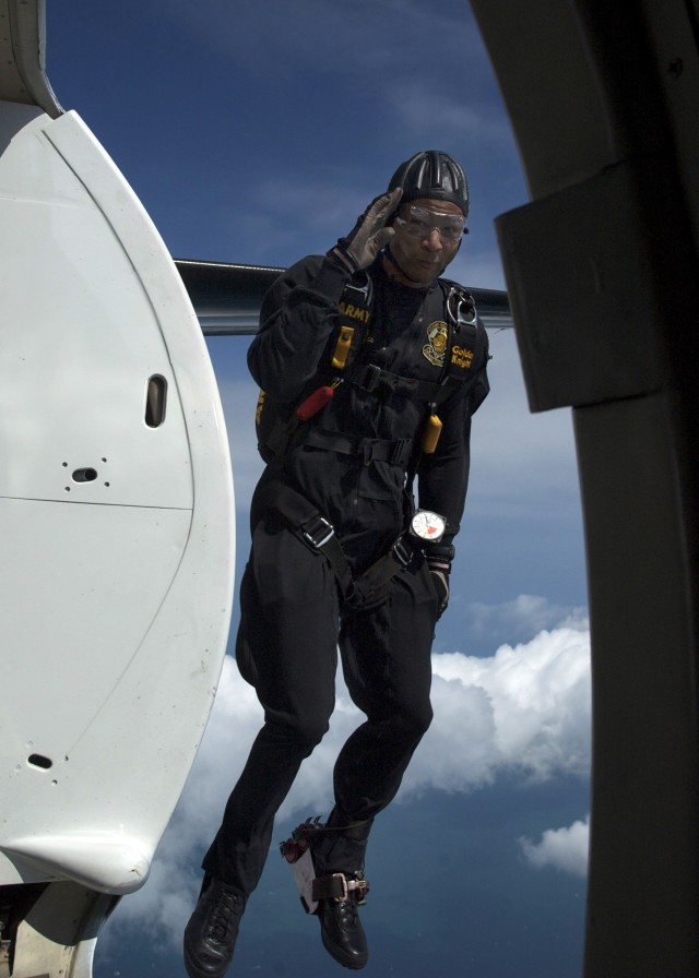 SSG Noah Watts jumps during a Golden Knights demonstration for the 50th Chicago Air and Water Show