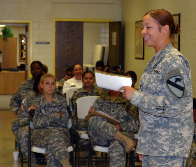 Milwaukee, Wis. Native, Capt. Tiffany Morman, commander of Company B, 115th Brigade Support Battalion, 1st Brigade Combat Team, 1st Cavalry Division kicks off the first gathering of the Brigade's Army Female Development Program by introducing...