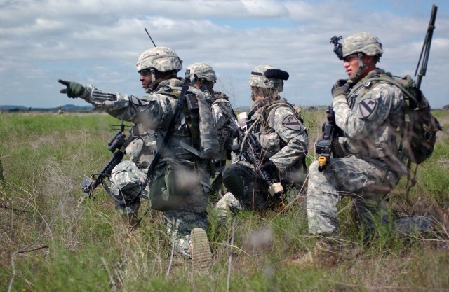 During training, Troopers from Company D, 2nd "Lancers" Battalion, 5th Cavalry, 1st "Ironhorse" Brigade Combat Team, 1st Cavalry Division point out their target as they drop to one knee after moving in from the drop zone.  The Soldiers planned...