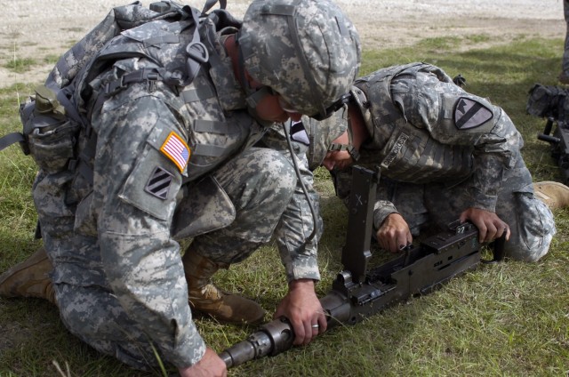 Masonville N.Y. native, Sgt. John Northup (left), a team leader and Spc. Thomas Crancross, a gunner from of Buffalo N.Y., perform a functions check on their 'Ma Deuce,' 50 caliber machine gun, before mounting it atop their humvee for D Troops...