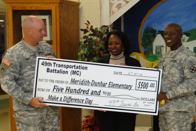 Lt. Col. Pete Haas, the commander of the 49th Transportation Battalion, 15th Sustainment Brigade, 13th Sustainment Command (Expeditionary), and Command Sgt. Maj. Ricky Knox, the battalion's senior noncommissioned officer, present a $500 check to...