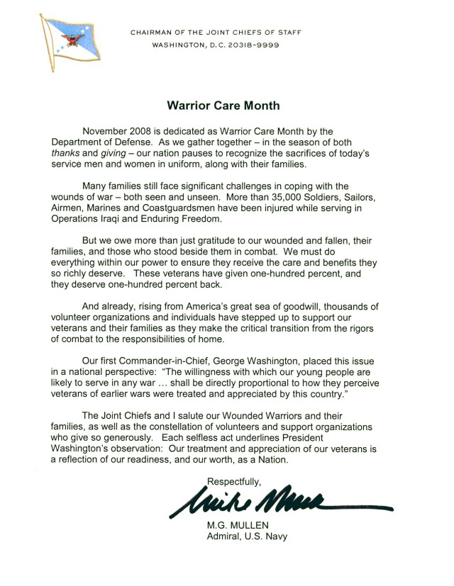 Warrior Care Month Letter from CJSC Admiral Mike Mullen