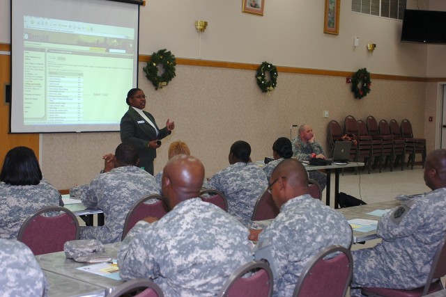 Frances Judkins, an guidance counselor with Fort Hood's Education Services Division, speaks to noncommissioned officers from the 15th Sustainment Brigade, 13th Sustainment Command (Expeditionary), about available education opportunities Dec. 2 during...