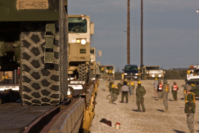 For Soldiers of the 1st Air Cavalry Brigade, 1st Cavalry Division, safety is paramount. There's not an inch to spare as vehicles are being moved onto the rail cars at the railhead, Fort Hood, Texas, Jan. 6. The Soldiers are making preparations for...