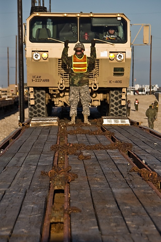 The ground guides are the eyes for the drivers as the trucks are slowly moved onto the rail cars at the railhead, Fort Head, Texas, Jan. 6. This is all in preparation for the Soldiers of the 1st Air Cavalry Brigade, 1st Cavalry Division, to make...