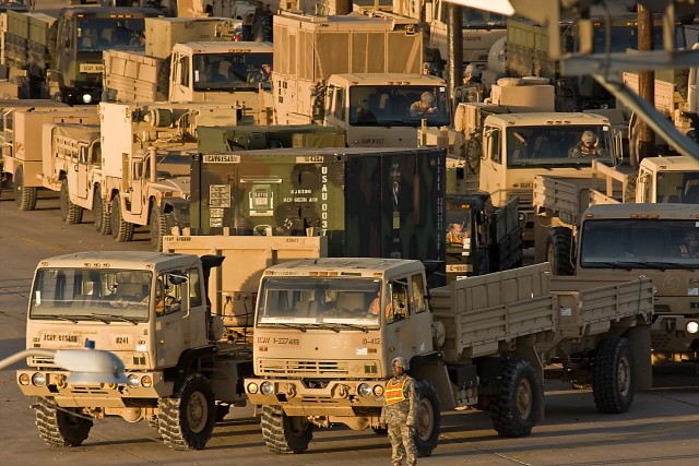 With drivers and ground guides ready to go, Soldiers of the 1st Air Cavalry Brigade, 1st Cavalry Division, begin movement onto the rail cars at the railhead, Fort Hood, Texas. Jan. 6. Once loaded the vehicles will be transported to Fort Irwin,...