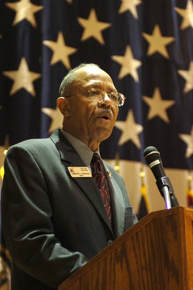 Timothy Hancock, the first African-American mayor of Killeen, speaks to Soldiers of the 13th Sustainment Command (Expeditionary) Jan. 13 at Fort Hood's Howze Theater during the command's Dr. Martin Luther King Jr. observance about the struggle and re...