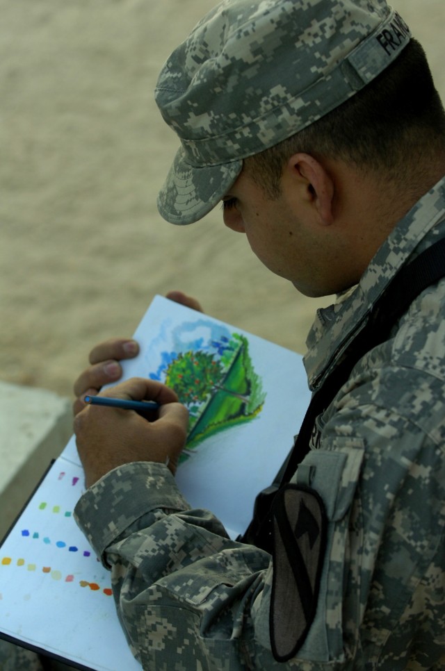 Sketching a familiar Californian scene, signal support systems maintainer, Pfc. Juan D. Franco, Company C, Division Special Troops Battalion, 1st Cavalry Division, uses heavy blue and greens to "bleed out the detail" of his drawing. Franco has...