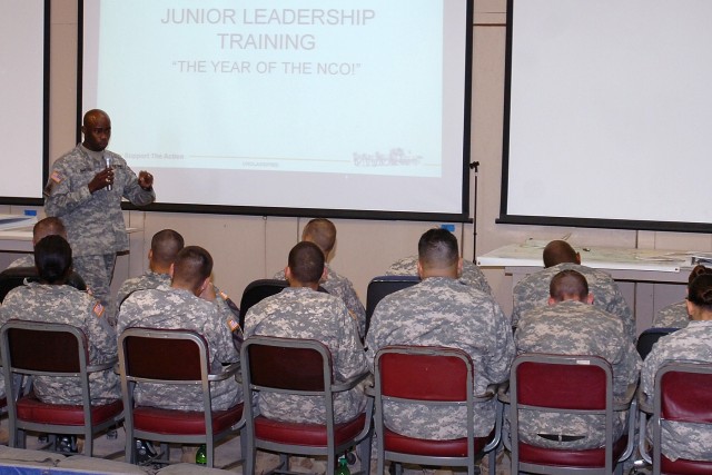 Command Sgt. Maj. Nathaniel Bartee Sr., the senior noncommissioned officer for the 15th Sustainment Brigade, 13th Sustainment Command (Expeditionary), talks to NCOs during a junior leader professional development session Feb. 2 at the brigade's Phant...