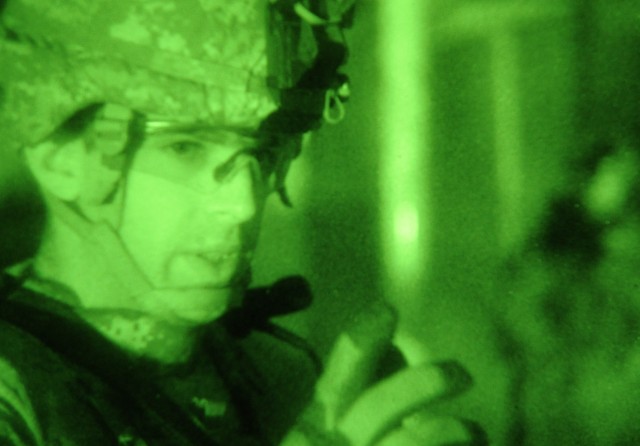 JOINT SECURITY STATION MUTHANA, Iraq - 2nd Lt. Andrew Smith, a native of Leesburg, Va., a platoon leader assigned to Troop B, 5th Squadron, 73rd Cavalry Regiment, 3rd Brigade Combat Team, 82nd Airborne Division, gives a command to his men during a...