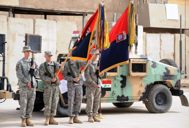 FORWARD OPERATING BASE LOYALTY, Iraq - The honor guard presents the colors of the 3rd Brigade Combat Team, 4th Infantry Division and the 3rd BCT, 82nd Airborne Div., during a transition ceremony Feb. 14 at Forward Operating Base Loyalty. The 3rd BCT,...