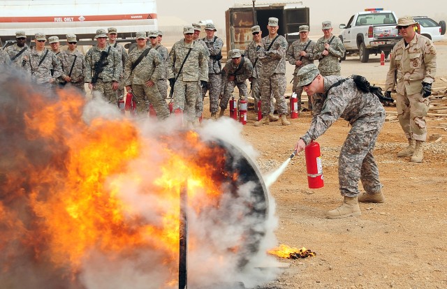 Soldiers train on proper fire-fighting skills