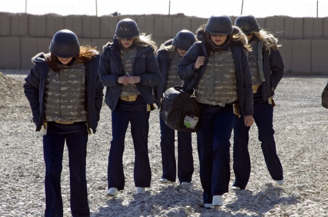 Five cheerleaders with the St. Louis Rams of St. Louis, Miss. toured the Ninewah province Feb. 18, making appearances at combat outposts and forward operating bases throughout the region. "We went to some small COPs today, which is really special...