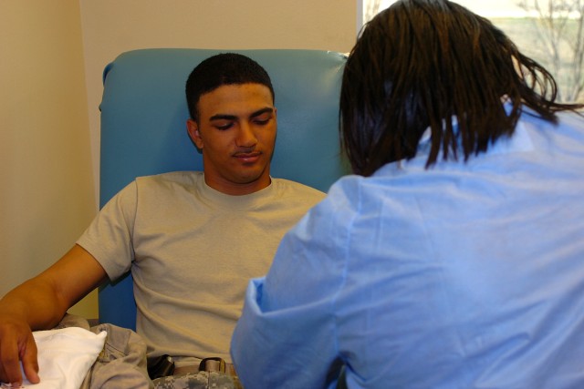 Spc. Kevin Jones, with the 263rd Maintenance Company, Special Troops Battalion, donates blood Feb. 25 at the Robertson Blood Center as a part of the 15th Sustainment Brigade's blood drive. As of Feb. 26, the brigade's Soldiers have donated more than ...